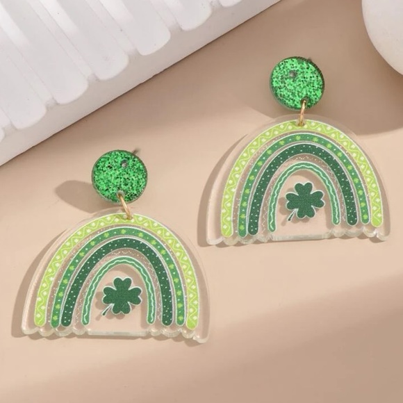 Acrylic Green Clover and Rainbow Earrings - Picture 3 of 4